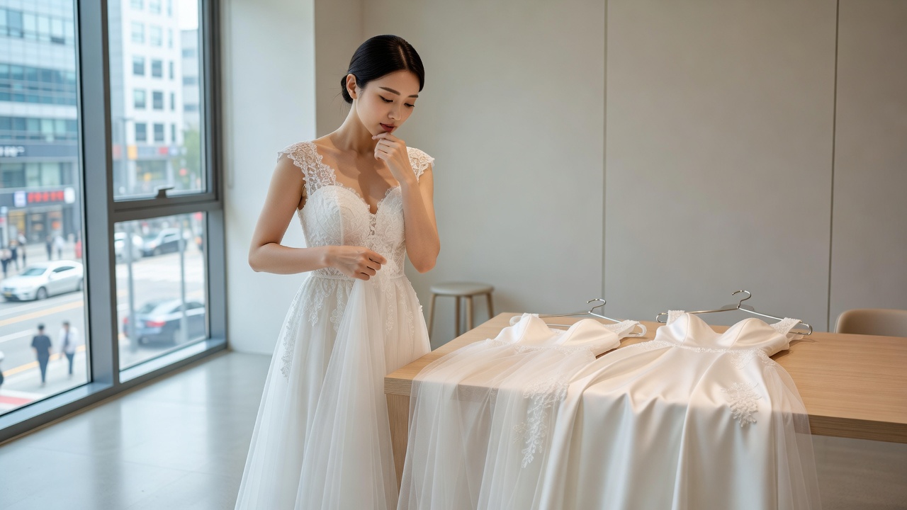 셀프웨딩 드레스 대여와 구매를 비교하는 신부의 모습