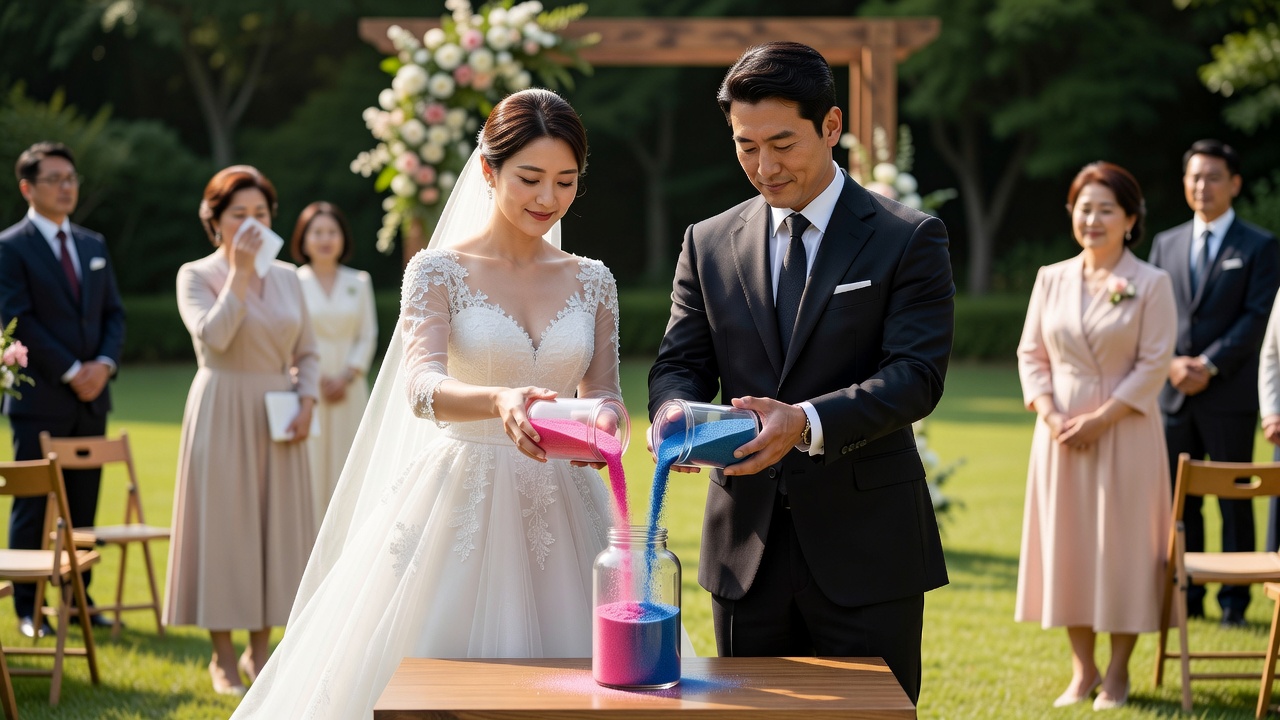결혼식 샌드 세레머니를 진행하는 신랑 신부의 모습