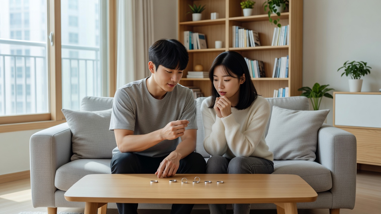 웨딩밴드 브랜드 순위를 확인하며 반지 구매 시기를 논의하는 커플