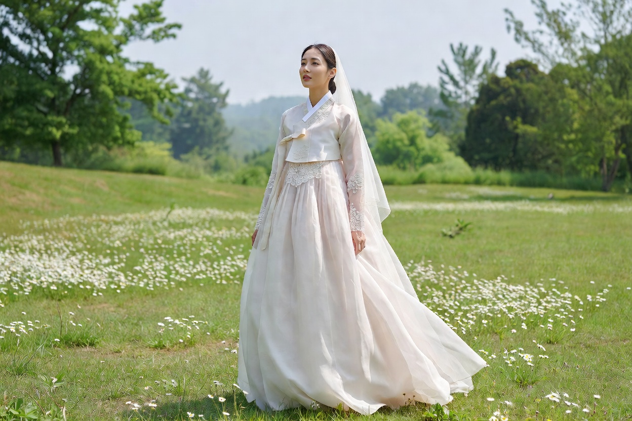 퓨전 한복 웨딩드레스 착용 모습
