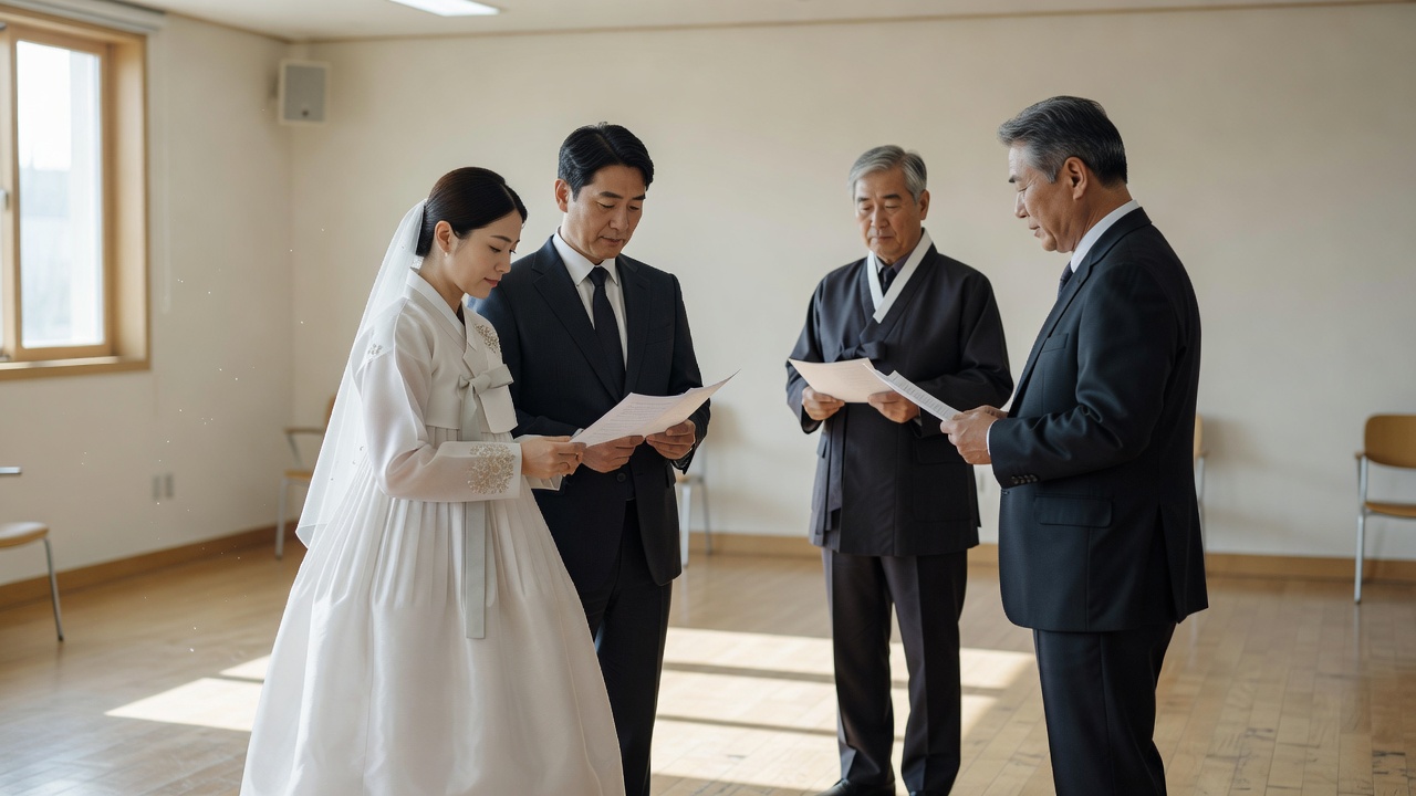 주례 없는 결혼식에서 혼인서약서 성혼선언문을 읽는 가족 모습