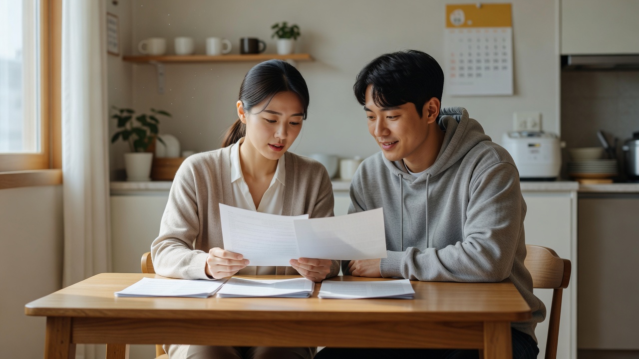 혼인서약서 양식을 함께 준비하는 커플